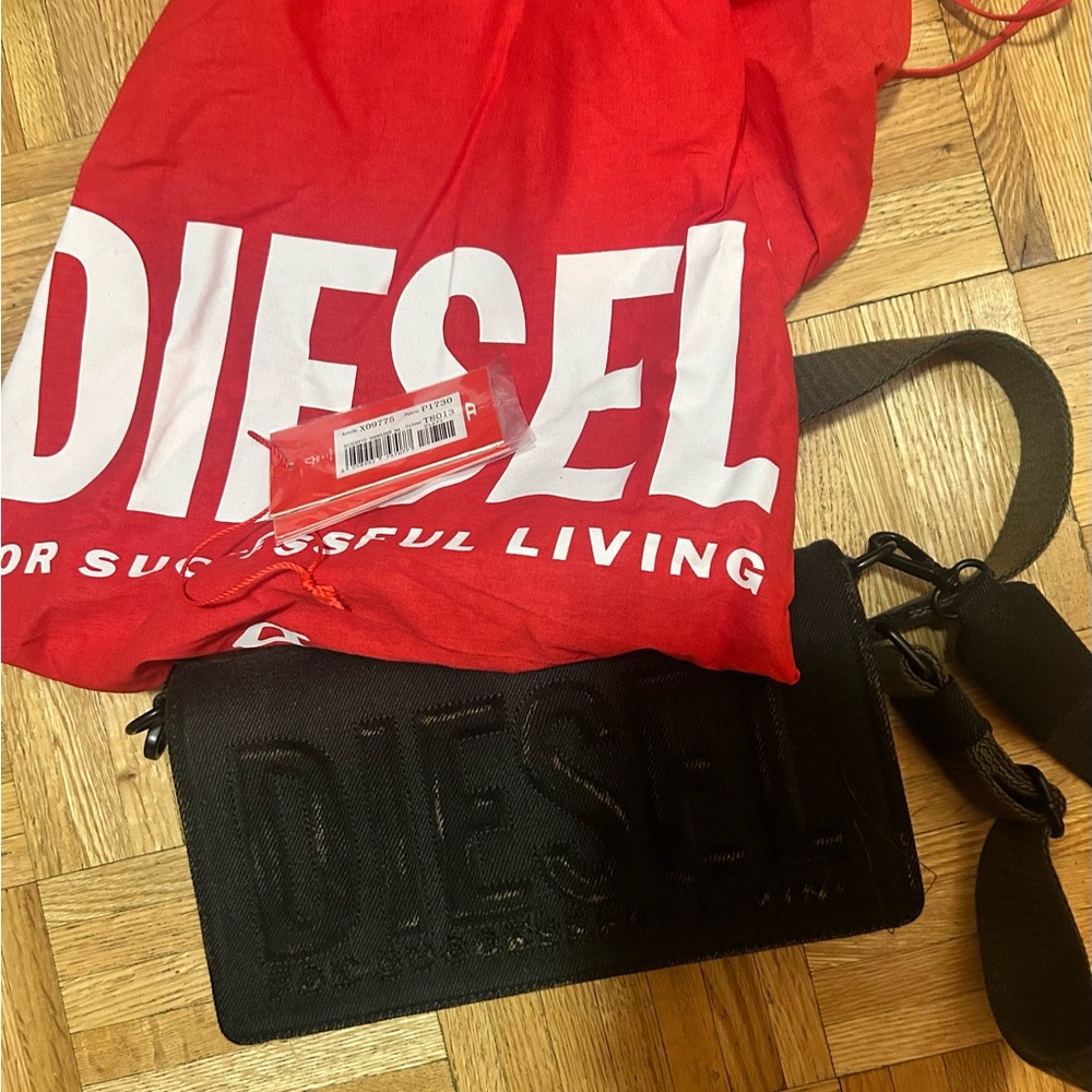 Authetic Diesel Black Logo-Embossed Denim Cross Body Bag